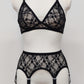 Claire is a black lace garter belt with 4-8 adjustable straps, displayed on a mannequin with matching wireless Chloe bralette