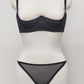 black sheer string bikini panties made with lingerie mesh, here shown with matching black Ella quarter cup bra
