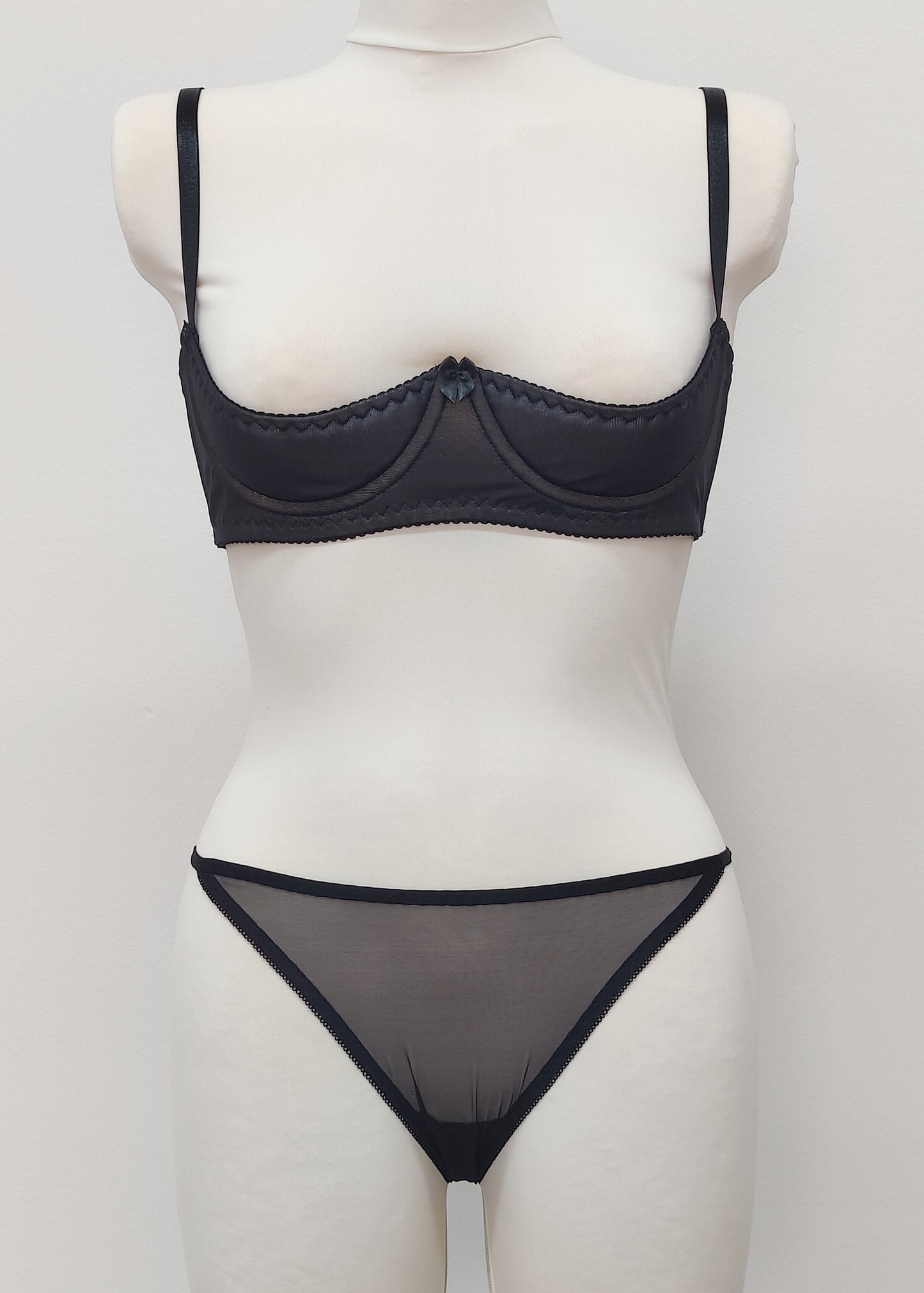black sheer string bikini panties made with lingerie mesh, here shown with matching black Ella quarter cup bra