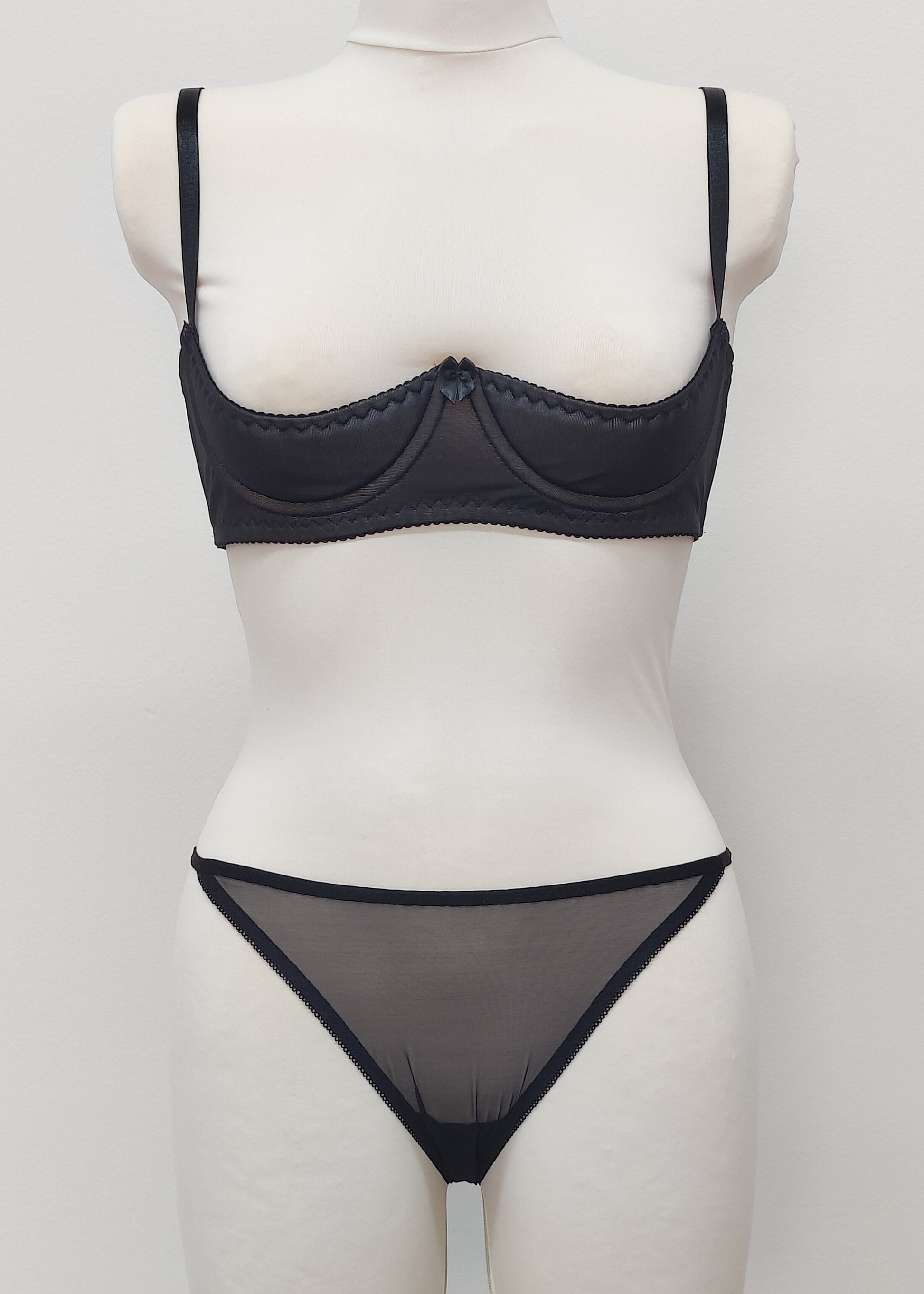 black sheer string bikini panties made with lingerie mesh, here shown with matching black Ella quarter cup bra