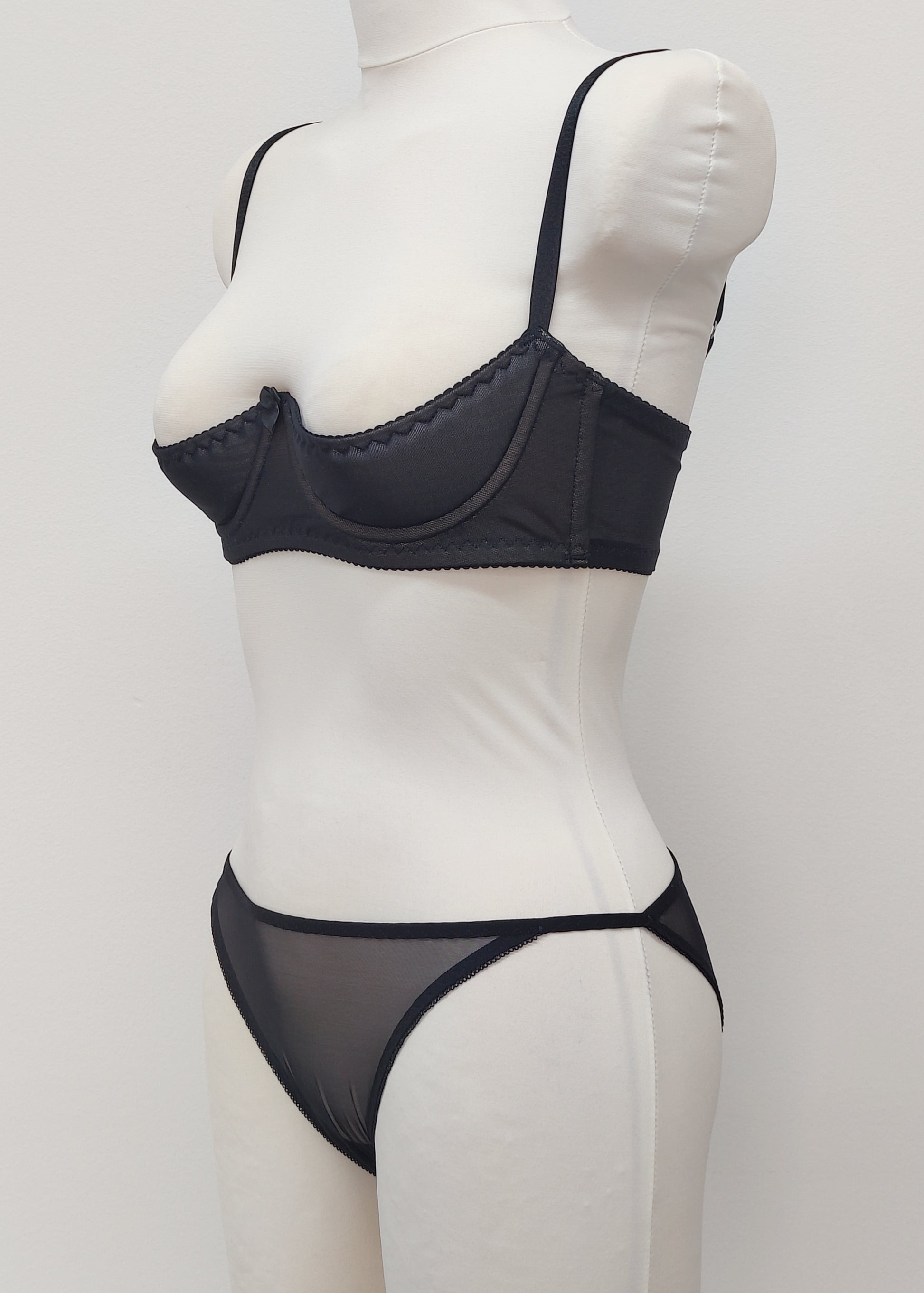 black sheer string bikini panties made with lingerie mesh, here shown with matching Ella quarter cup bra