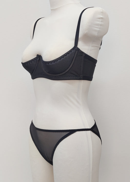 black sheer string bikini panties made with lingerie mesh, here shown with matching Ella quarter cup bra