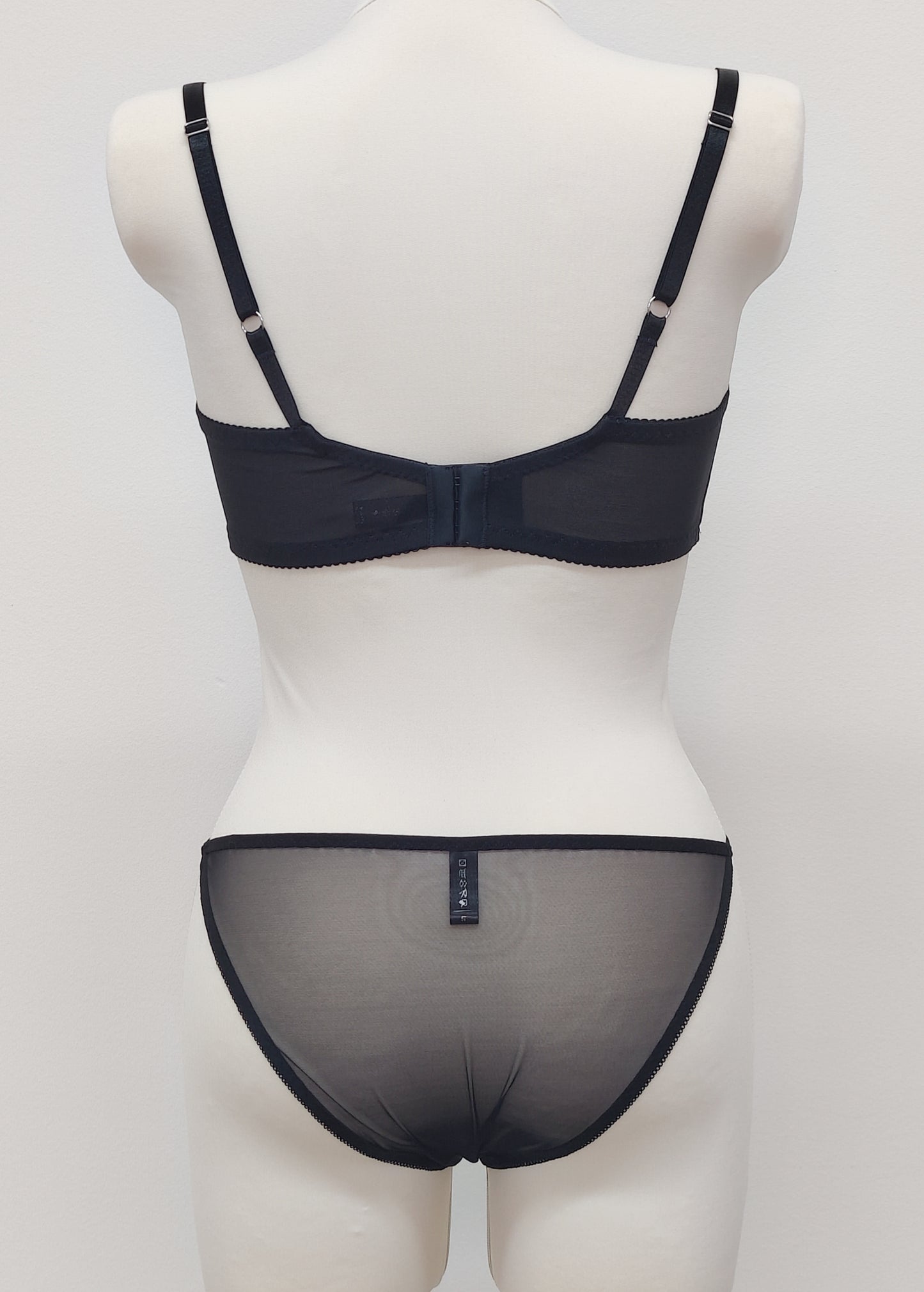 black sheer string bikini panties made with lingerie mesh, here shown with matching Ella quarter cup bra, back view