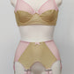 beige Audrey bra with pink sheer upper part of the cup,straps and trim, here shown with matching Stella garter belt
