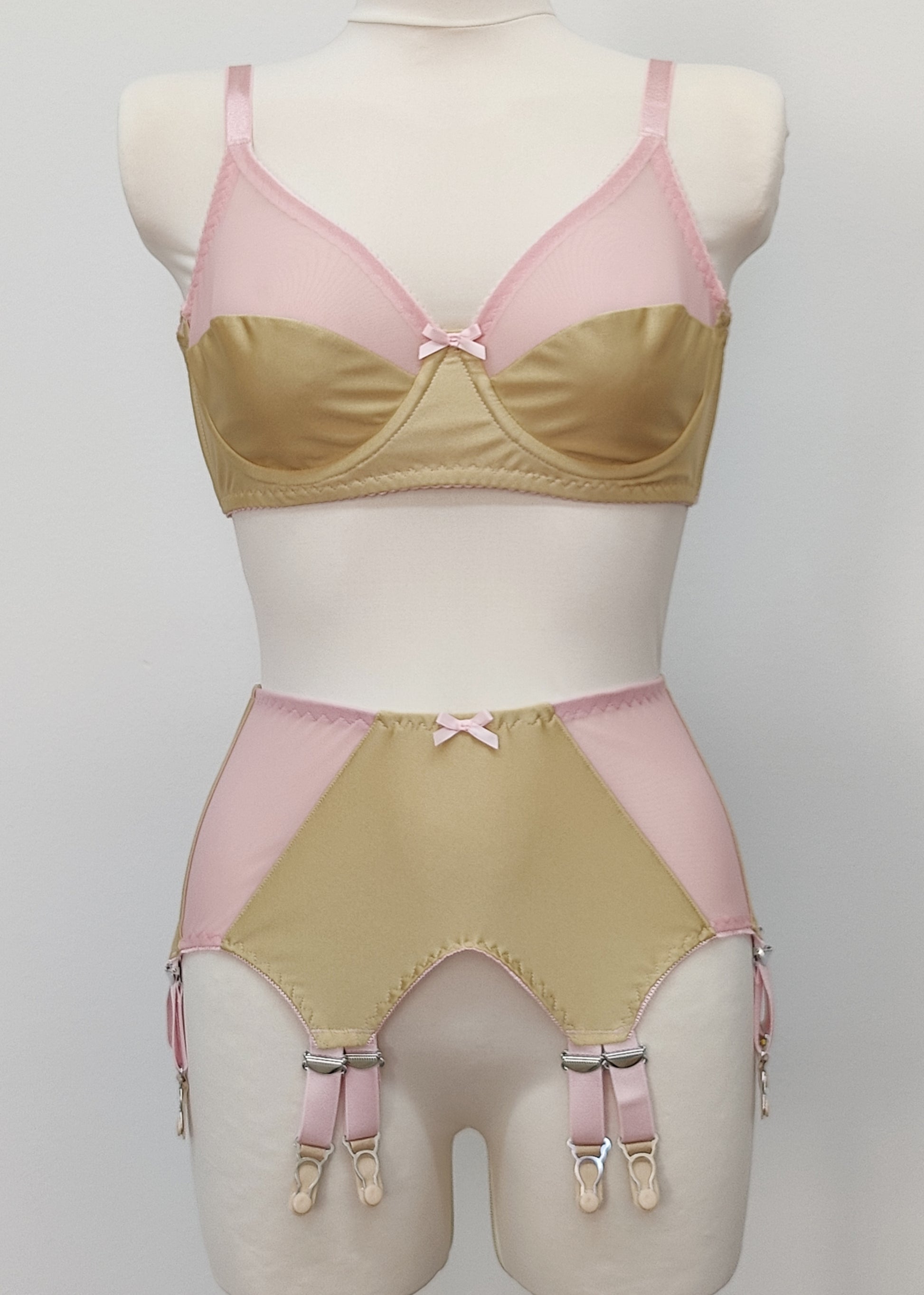beige Audrey bra with pink sheer upper part of the cup,straps and trim, here shown with matching Stella garter belt