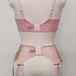 beige Audrey bra with pink sheer upper part of the cup,straps and trim, here shown with matching Stella garter belt, back view