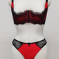 red with black lace quarter cup Lucrezia bra, shown with matching Zigi thong panties