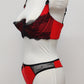 red with black lace quarter cup Lucrezia bra, shown with matching Zigi thong panties, side view
