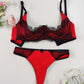 red with black lace quarter cup Lucrezia bra, shown with matching Zigi thong panties