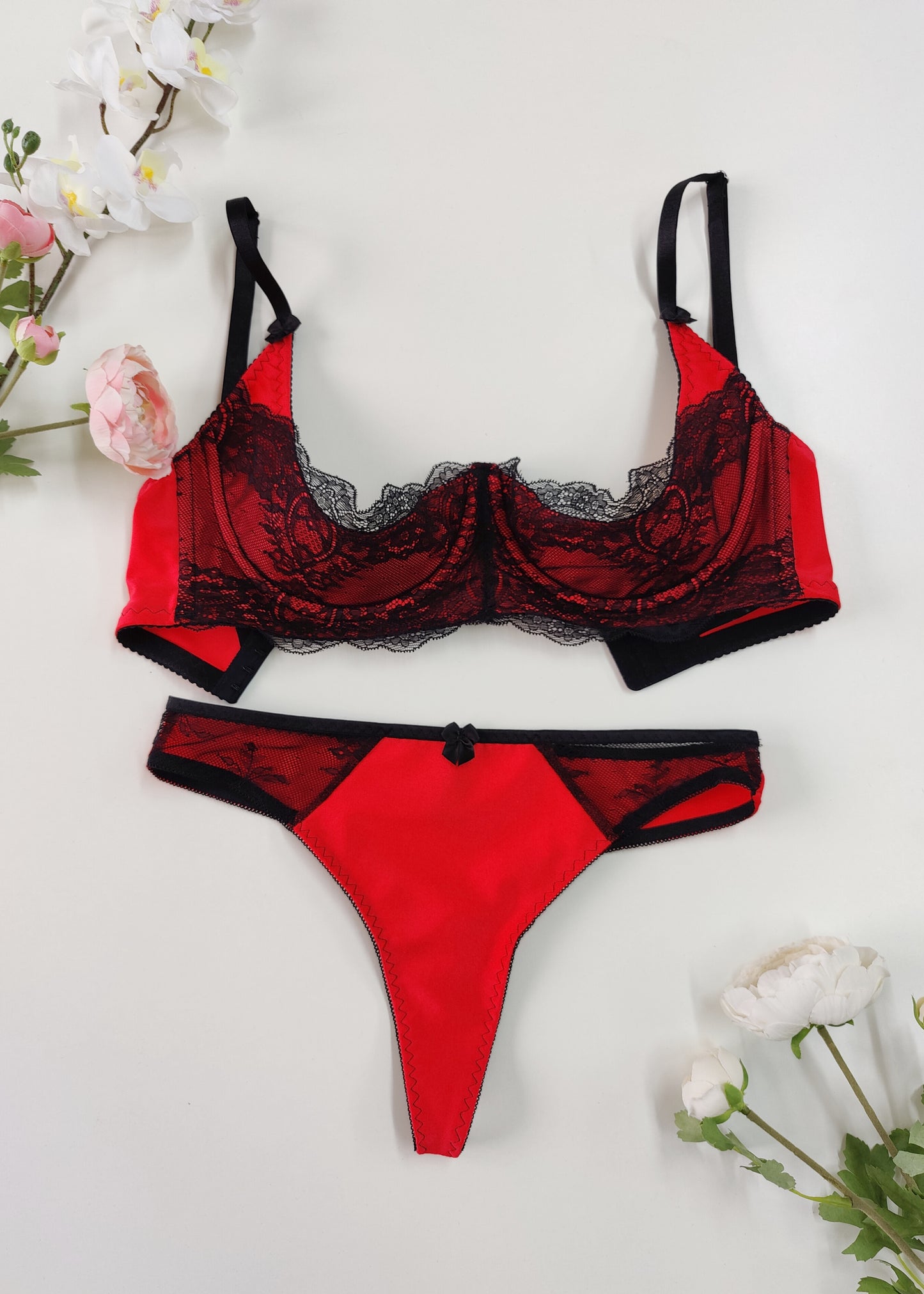 red with black lace quarter cup Lucrezia bra, shown with matching Zigi thong panties