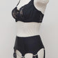 black retro style garter belt with 6 double straps, here shown with matching Vivian bra, side view