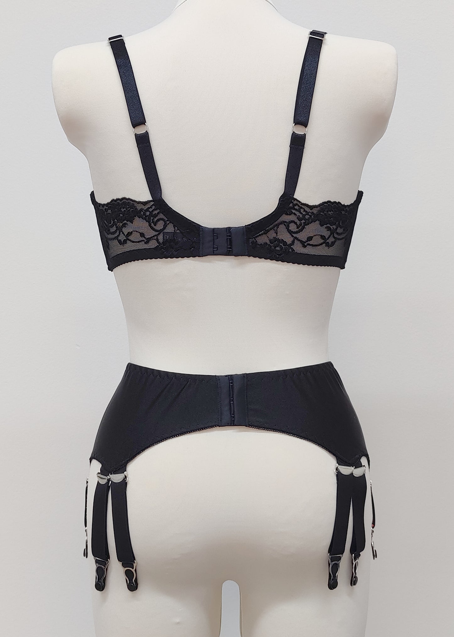 black retro style garter belt with 6 double straps, here shown with matching Vivian bra, back view