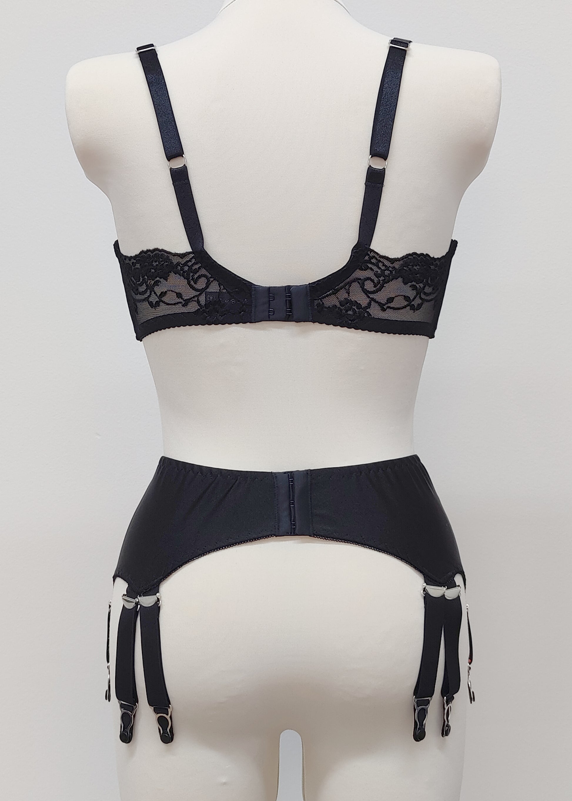 black retro style garter belt with 6 double straps, here shown with matching Vivian bra, back view