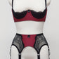 High waist Mona garter belt in maroon color with black lace side panels and 6 adjustable straps, here shown with matching Lucy quarter cup