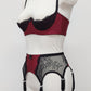 High waist Mona garter belt in maroon color with black lace side panels and 6 adjustable straps, here shown with matching Lucy quarter cup, side view