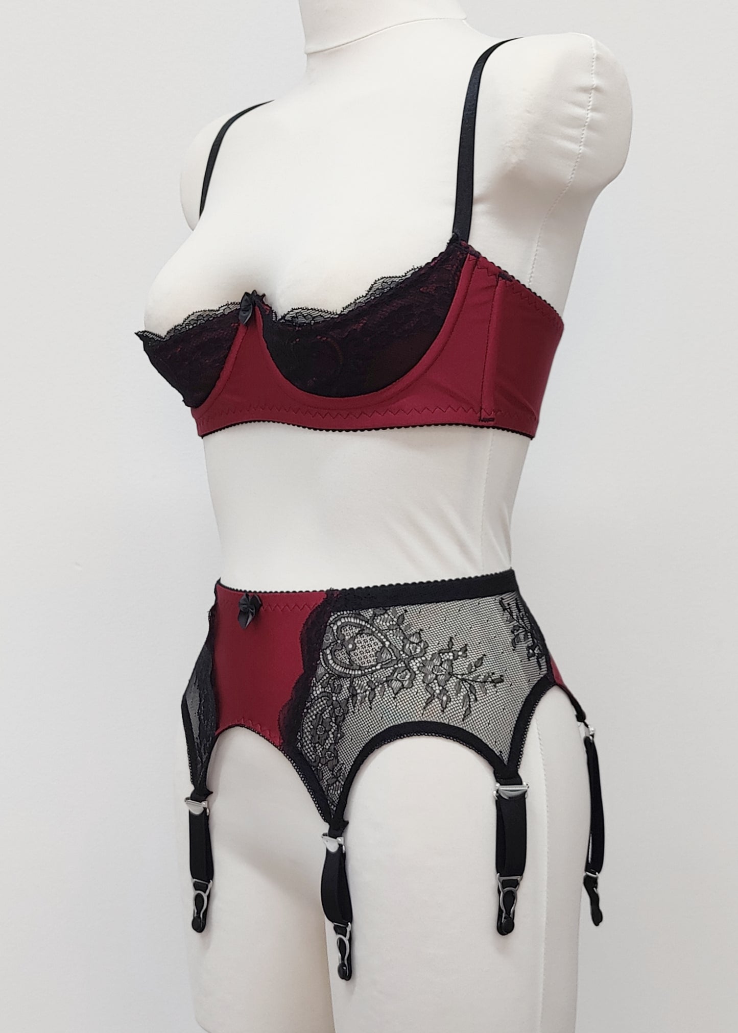 Black lace and maroon Lycra quarter cup Lucy bra, here shown with matching Mona garter belt