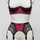 High waist Rita garter belt in maroon color with black lace side panels and 6 Y straps, here shown with matching Lucy quarter cup bra