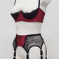High waist Rita garter belt in maroon color with black lace side panels and 6 Y straps, here shown with matching Lucy quarter cup bra, side view