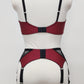 High waist Rita garter belt in maroon color with black lace side panels and 6 Y straps, here shown with matching Lucy quarter cup bra, back view