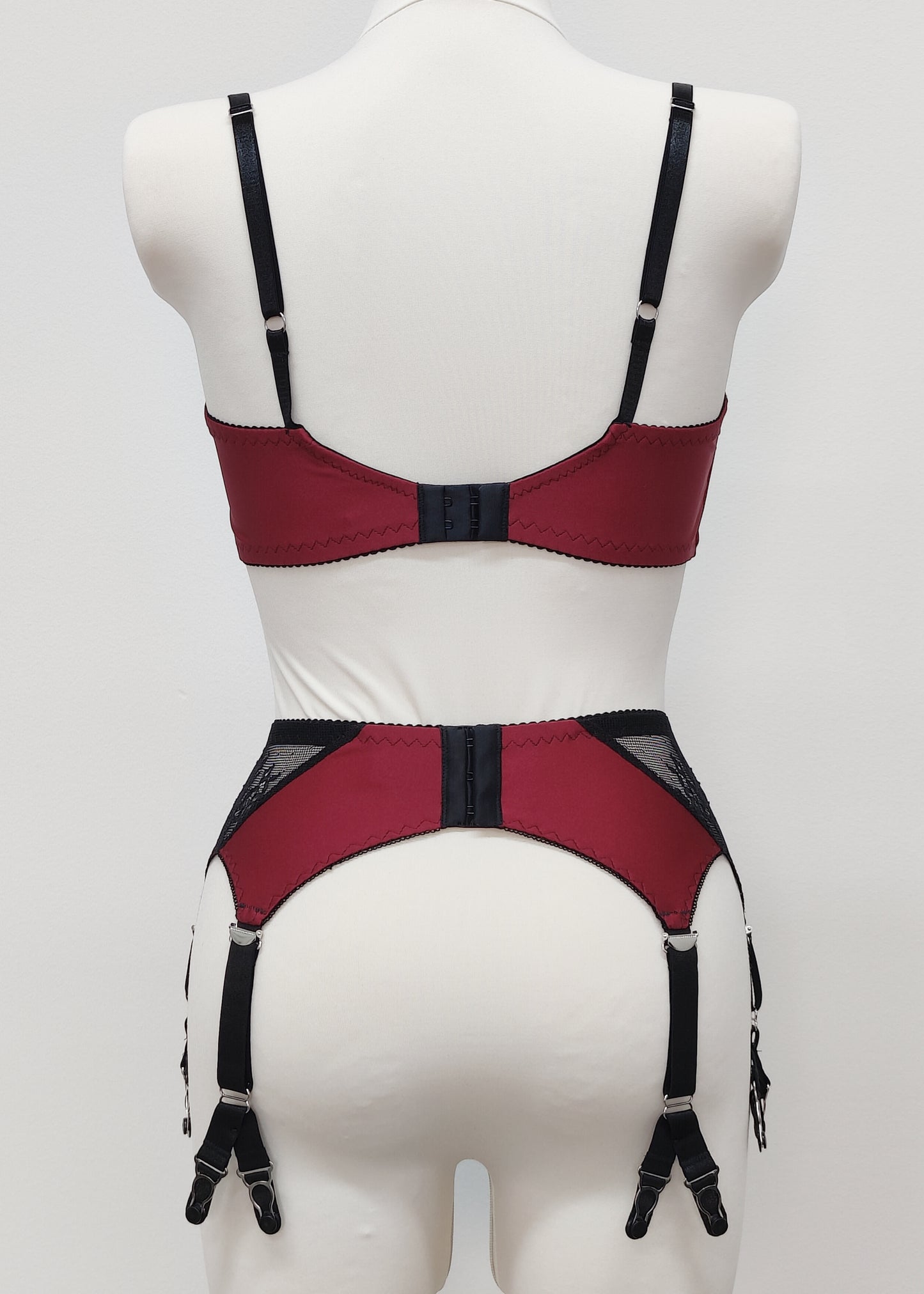 Black lace and maroon Lycra quarter cup Lucy bra, here shown with matching Rita y-strap garter belt