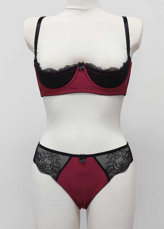 Black lace and maroon Lycra quarter cup Lucy bra, here shown with matching Zigi panties