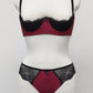 Maroon Red and black lace lingerie set on a mannequin against a white background. Zigi tanga with lace on the back and side panels and Lucy quarter cup bra
