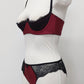 Maroon Red and black lace lingerie set on a mannequin against a white background. Zigi tanga with lace on the back and side panels and Lucy quarter cup bra, side view