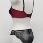 Black lace and maroon Lycra quarter cup Lucy bra, here shown with matching Zigi panties, back side view