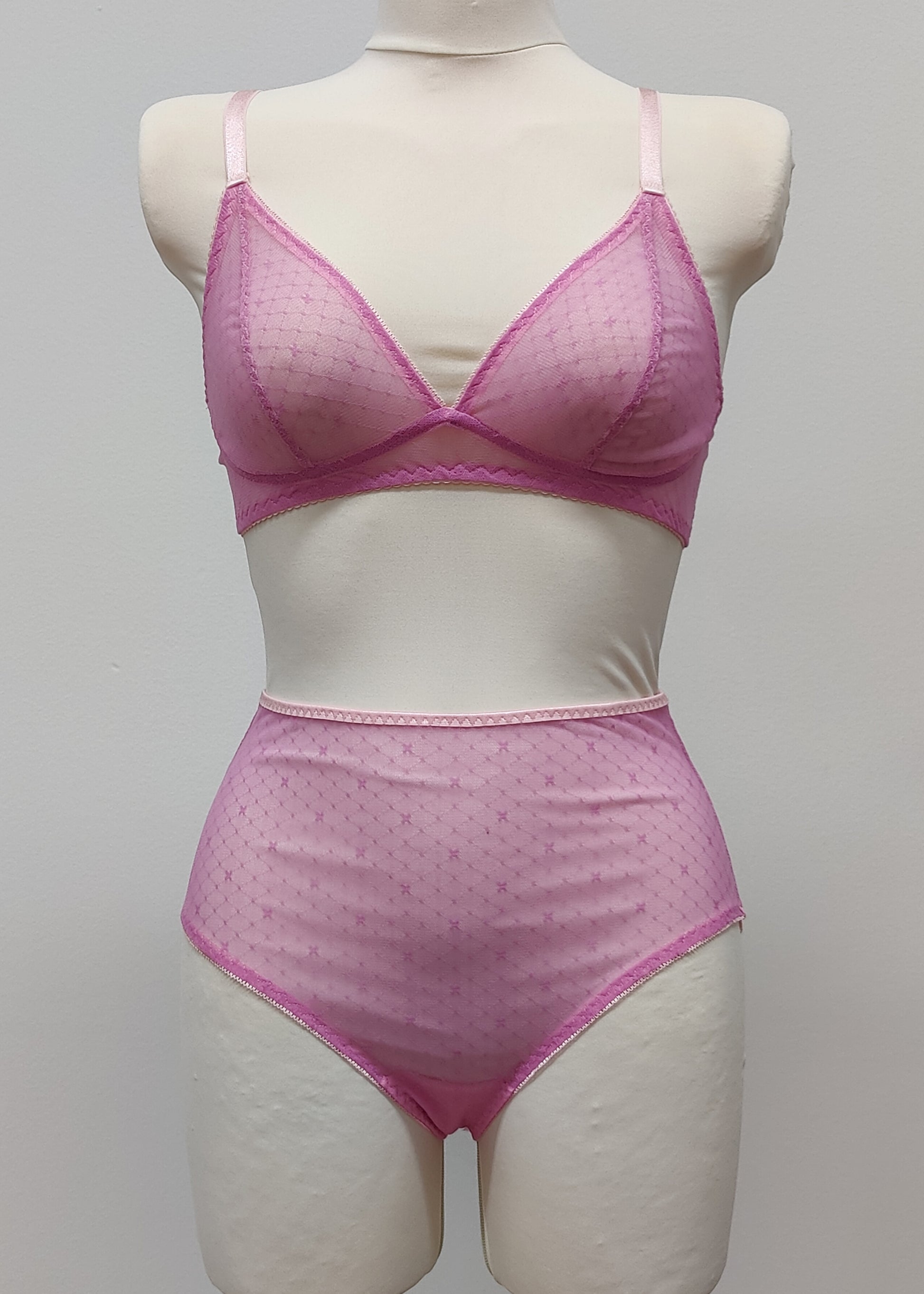 sheer, high waist panties, made with fuchsia pink-star soft mesh fabric. here shown with matching Chloe bralette 
