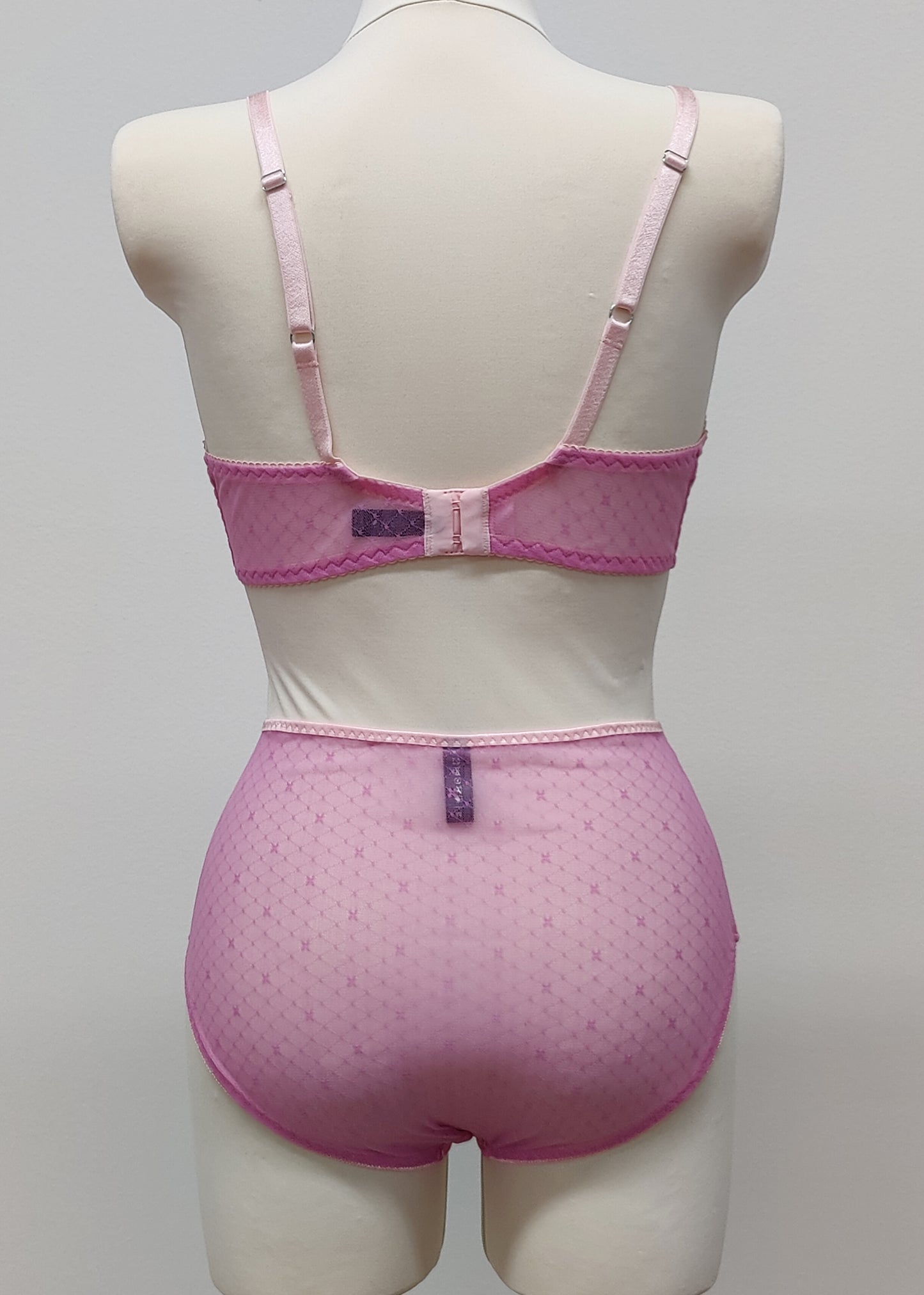 sheer, high waist panties, made with fuchsia pink-star soft mesh fabric. here shown with matching Chloe bralette , back view