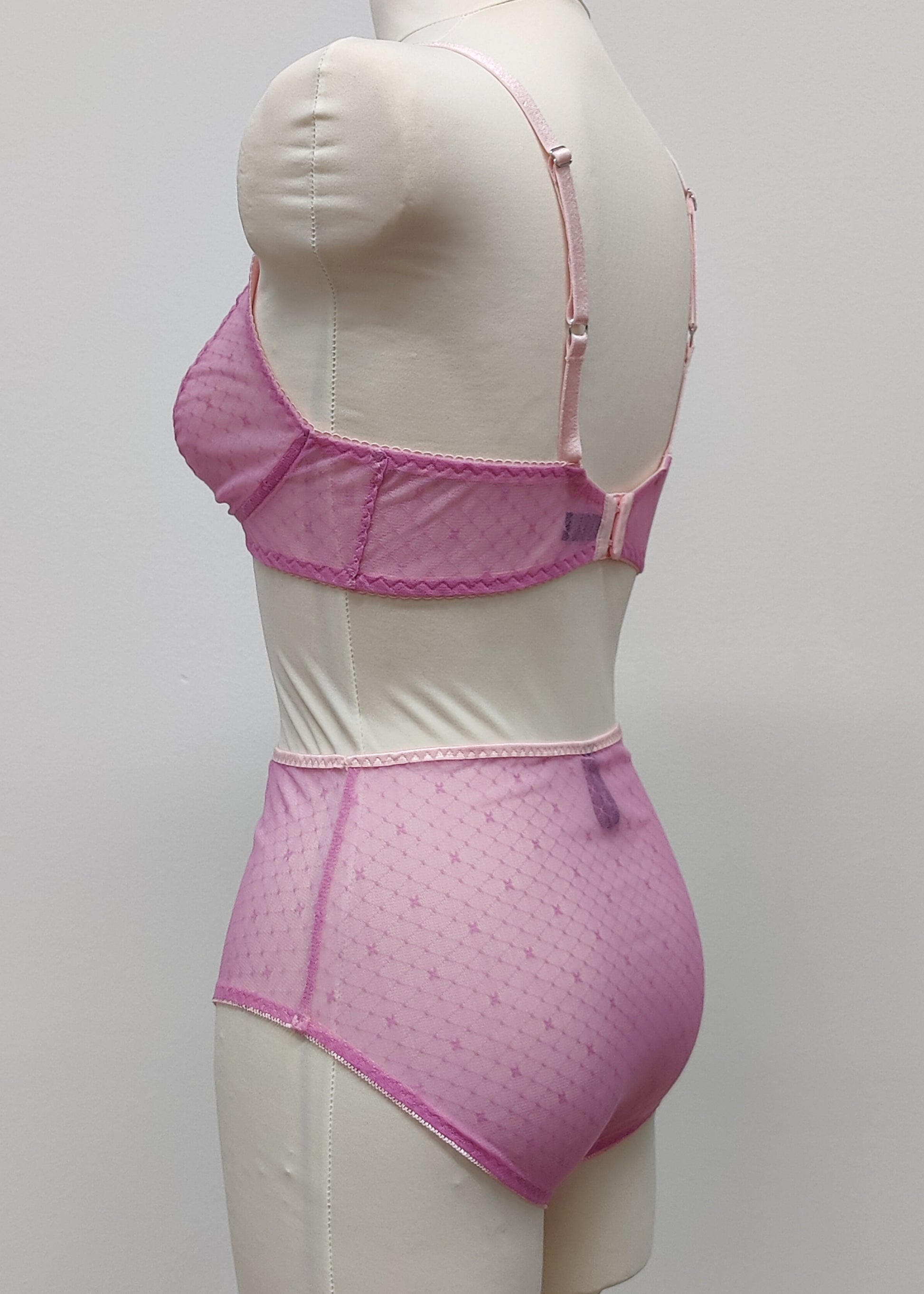 sheer, high waist panties, made with fuchsia pink-star soft mesh fabric. here shown with matching Chloe bralette , side view