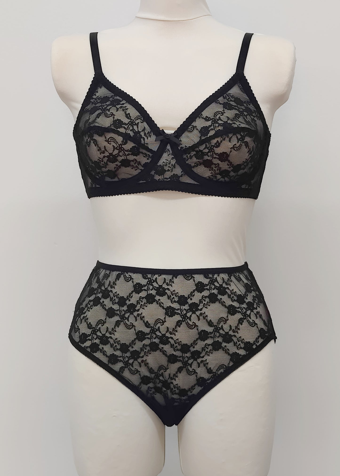 black floral Sheer full cup Lily bra, Underwired, shown with matching Irma panties