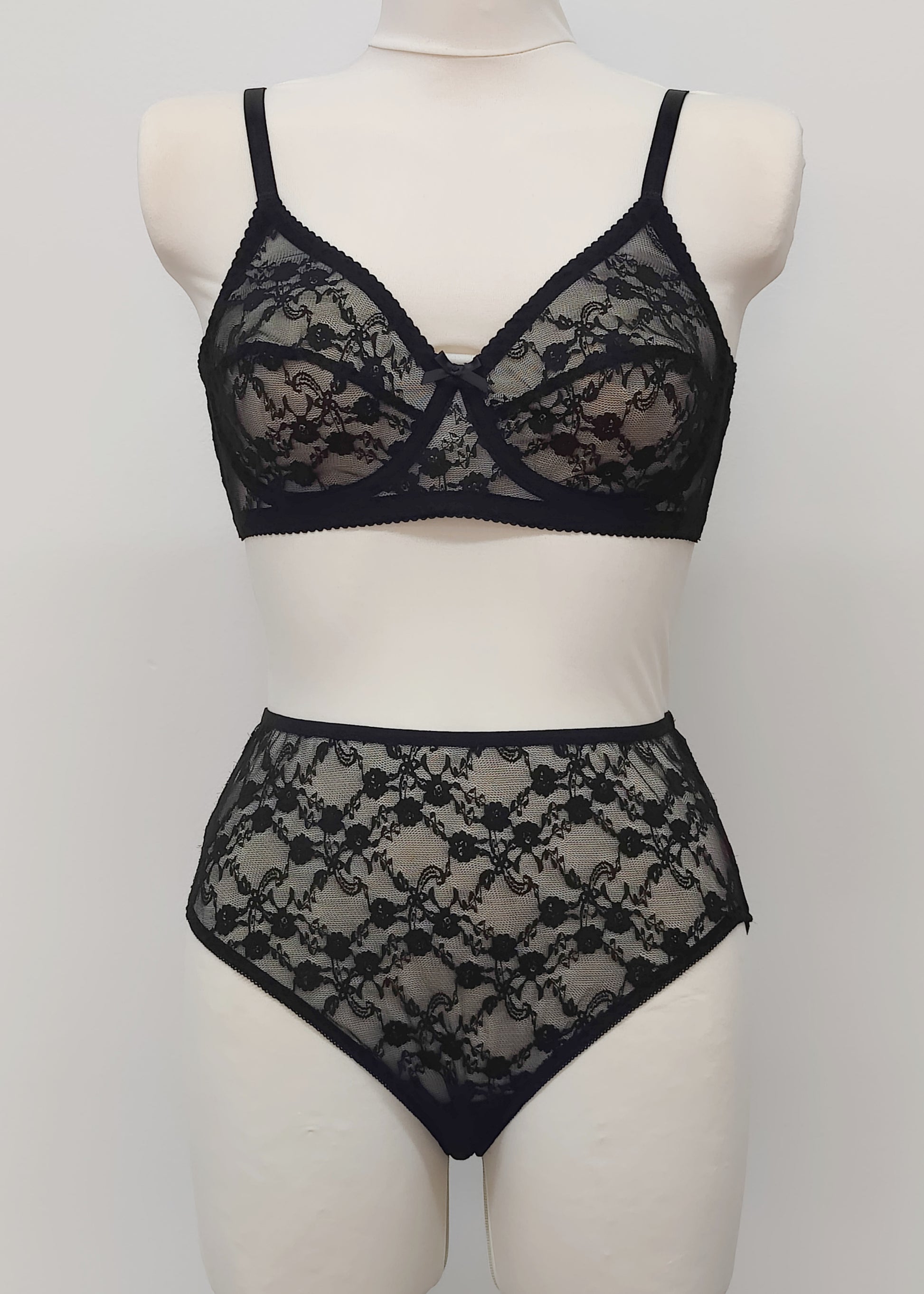 black floral Sheer full cup Lily bra, Underwired, shown with matching Irma panties
