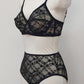 black floral Sheer full cup Lily bra, Underwired, shown with matching Irma panties, side view
