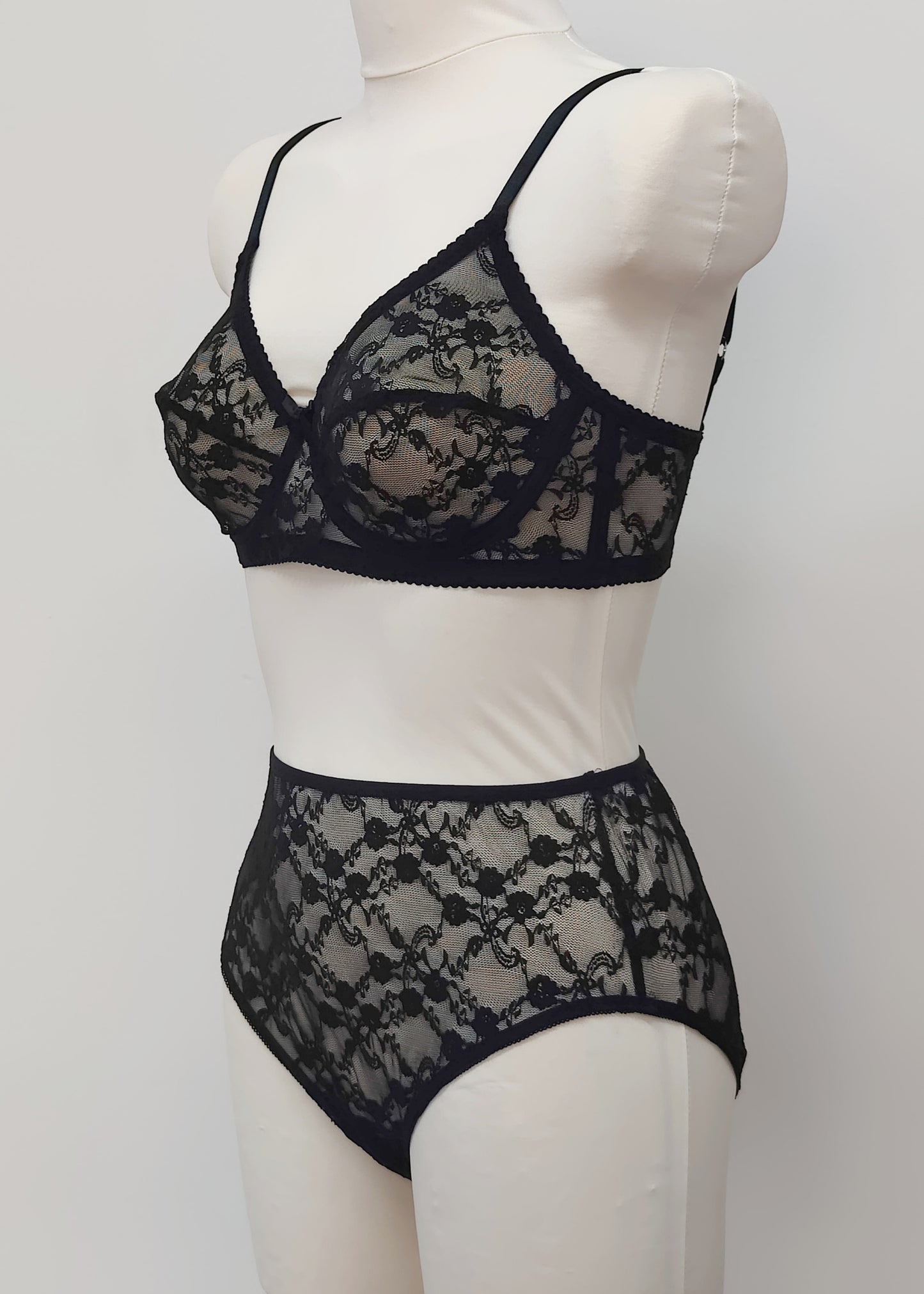 black floral Sheer full cup Lily bra, Underwired, shown with matching Irma panties, side view