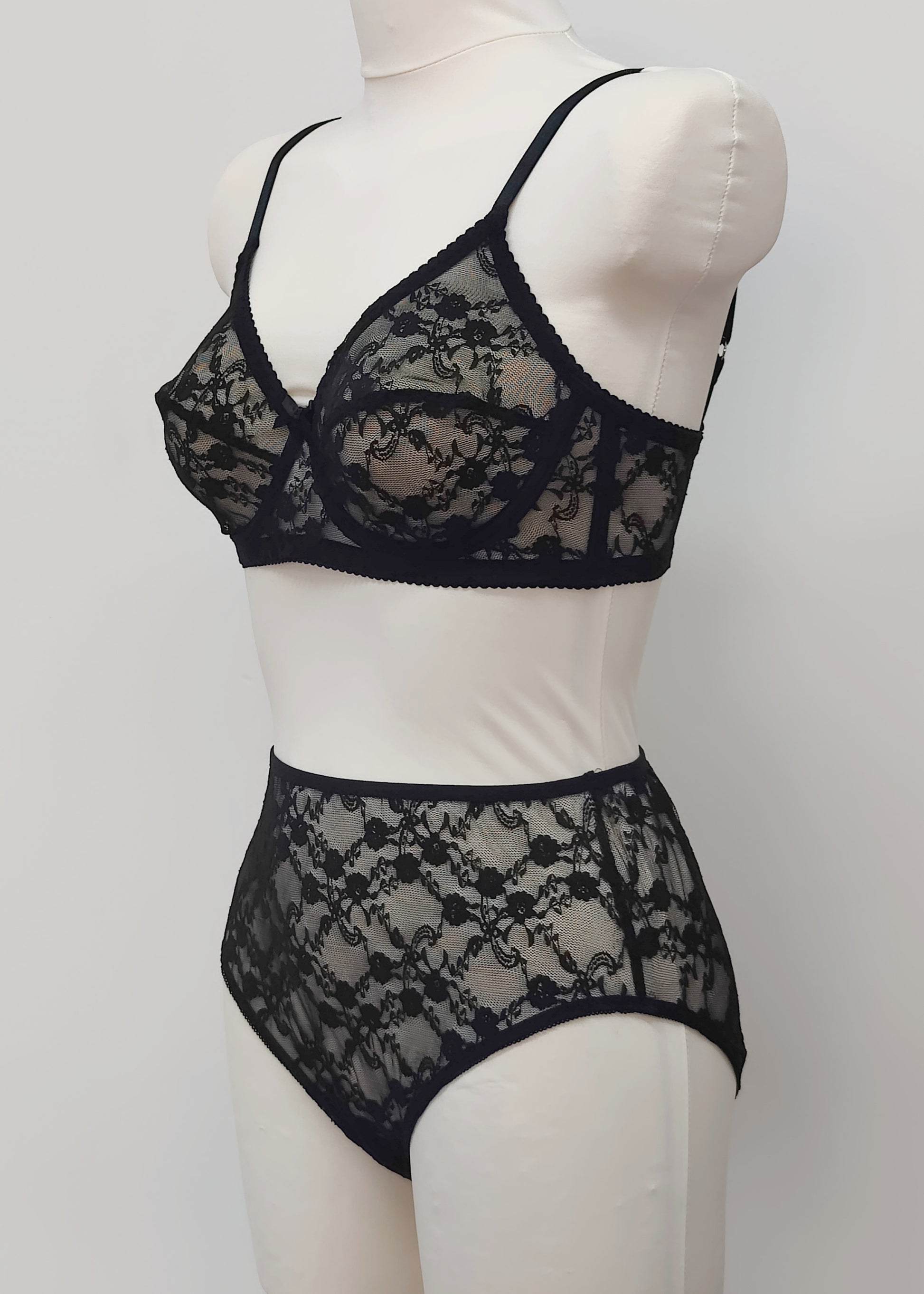 black floral Sheer full cup Lily bra, Underwired, shown with matching Irma panties, side view
