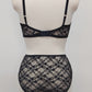 black floral Sheer full cup Lily bra, Underwired, shown with matching Irma panties, back view