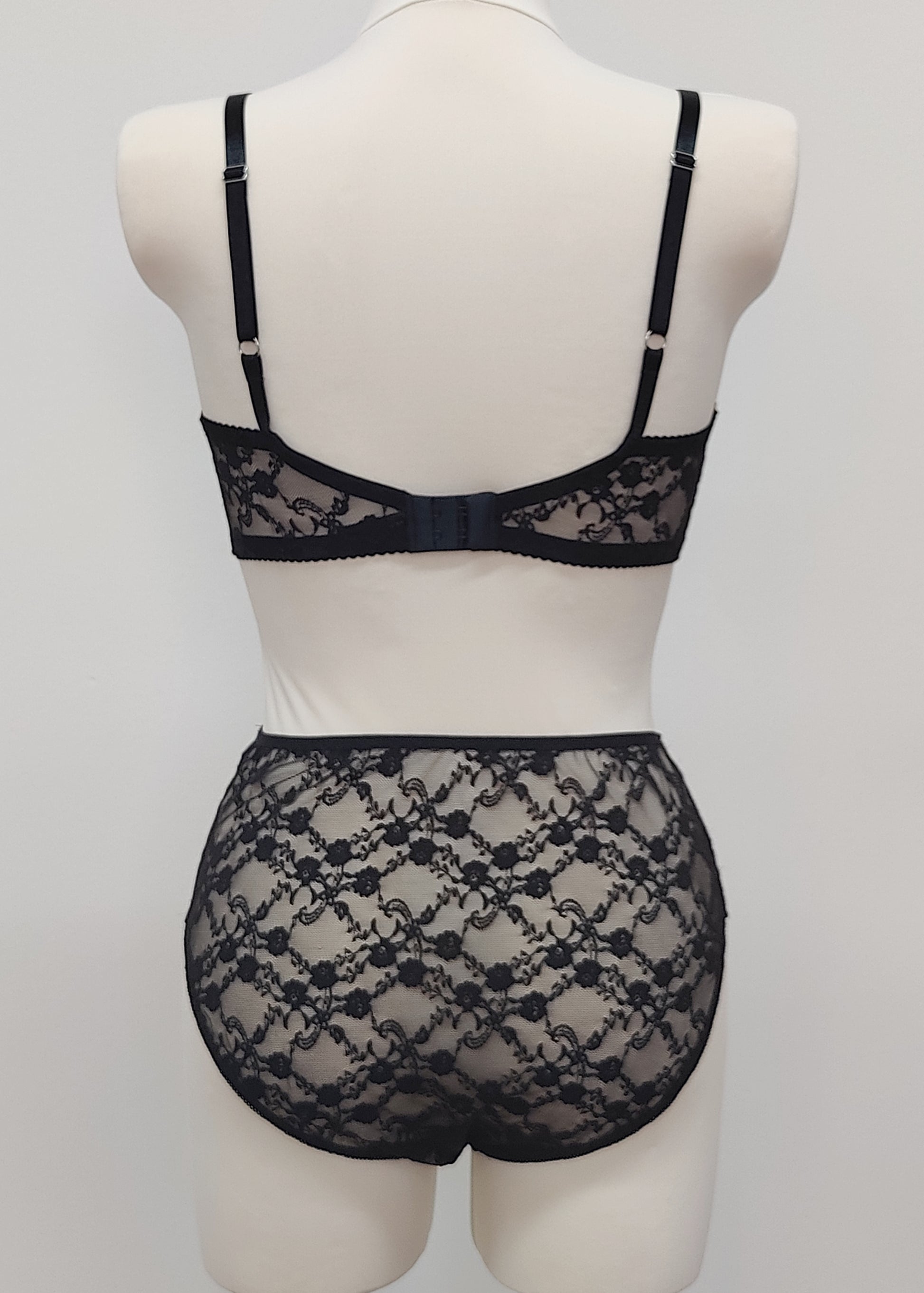 black floral Sheer full cup Lily bra, Underwired, shown with matching Irma panties, back view