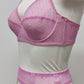 Full cup Lily bra made with fuchsia pink-star mesh fabric, here presented with matching customized Summer suspender belt, side detail
