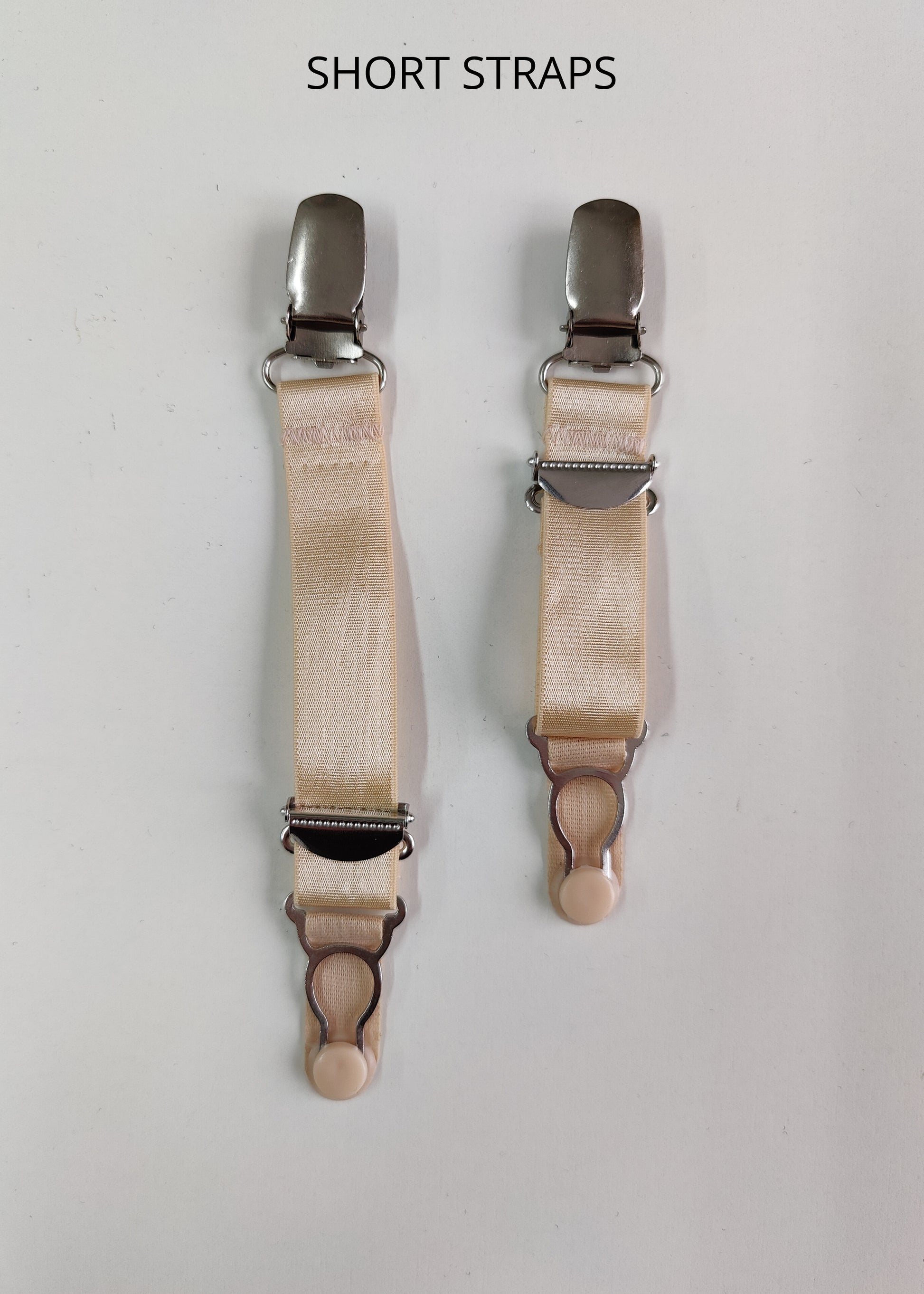 beige, short clip on garter straps, suspender straps, 1 pair