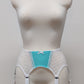A white lace and Aqua blue Lycra, Mona garter belt with 6 adjustable straps and hook and eye closure, displayed on a mannequin.