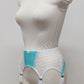 A white lace and Aqua blue Lycra, Mona garter belt with 6 adjustable straps and hook and eye closure, displayed on a mannequin, side view