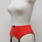 Sunset colour, 4 strap Greta garter belt with black straps on a mannequin against a white background, side view