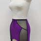 Open bottom Glenda girdle made with purple opaque front and back panels with black sheer mesh side panels. 