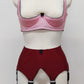 maroon high-waisted garter belt with extra wide black straps and bows