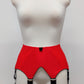 wide vintage style Iris garter belt in colour Sunset Red, with black trim and 6 extra wide black straps 