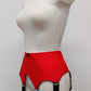 wide vintage style Iris garter belt in colour Sunset Red, with black trim and 6 extra wide black straps, side view