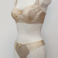 beige lace soft cup Alice bra with underwires, shown with Zigi thong 