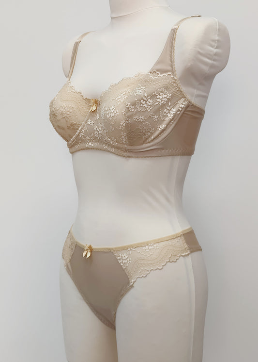 beige lace soft cup Alice bra with underwires, shown with Zigi thong 