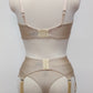 beige lace soft cup Alice bra with underwires, shown with Zigi thong and Scarlett garter belt, back view